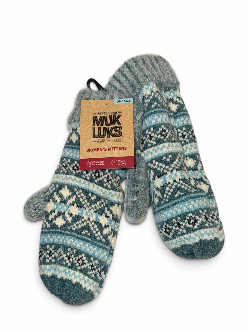Muk Luks Women's Teal, Light Blue & White Fair Isle Knit Mittens